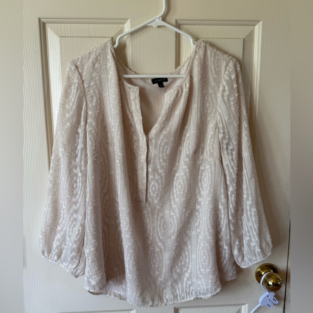 Talbots cream Blouse with Mandarin Collar and 3/4 Sleeves